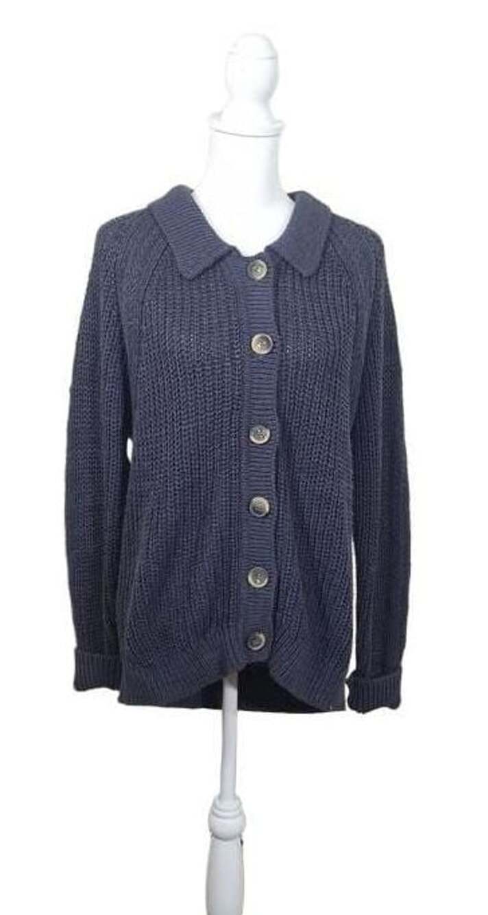 Garnet Hill Large Blue Linen Cotton Chunky Knit Collared Button Cardigan Sweater